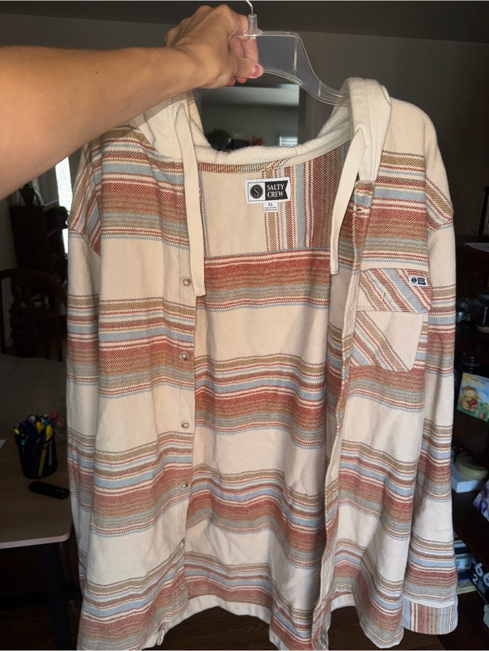 Salty Crew Cream Hooded Button-Up with Rust and Light Blue Stripes